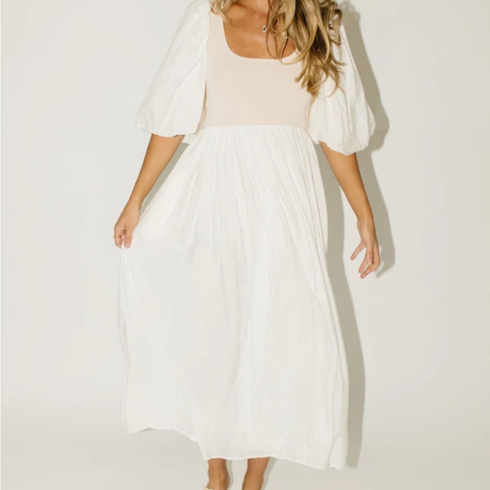 White Tiered Midi Dress with Puff Sleeves